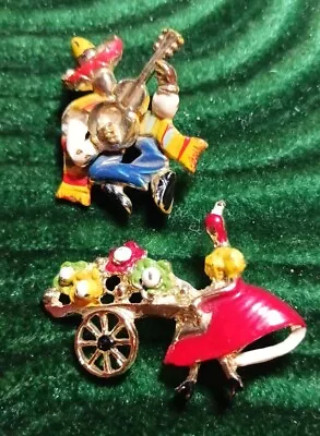 Vintage Gold Tone Enamel Pin Brooch Mexican Guy Guitar Player & Lady Flower Cart • $9.99