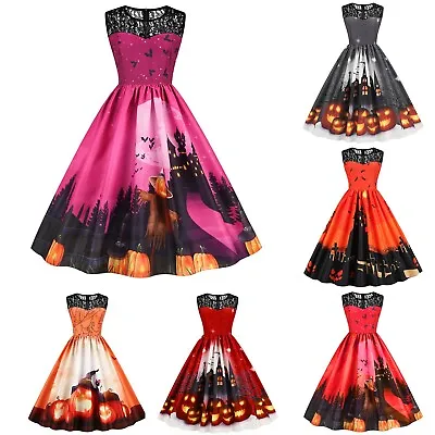 $40.25 • Buy Women's Halloween Round Neck Sleeveless Lace Retro Slim Splicing Big Hem Dress A
