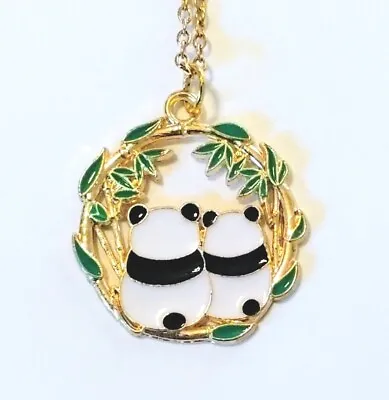 Enamel Cuddling Panda Bears Pendant Necklace On Gold Plated Chain & Extender • £4
