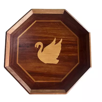 Vintage Wood Tray Inlay Marquetry Serving  Mixed Hardwoods Swan 14x14 • $25