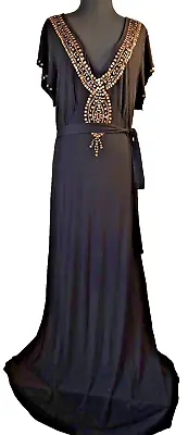 Monroe & Main Woman Maxi Black Jersey Flowy Dress Size 1X Brass Metallic Accents • $31.99