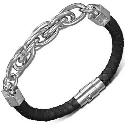 Black Genuine Leather Braided Silver-Tone Stainless Steel Wristband Bracelet • $19.99