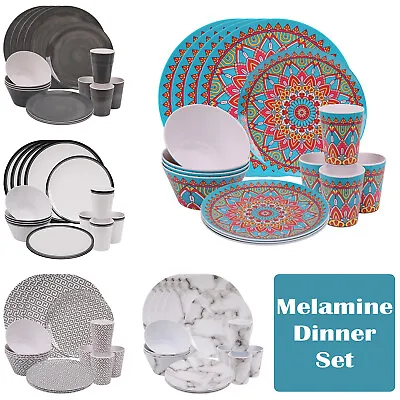Melamine Dinner Set 16pcs Beakers Camping Picnic Plates Bowls Motorhome Patio • £33.99