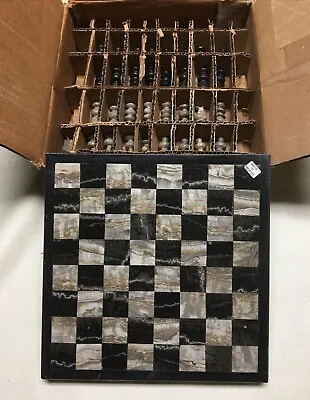 Small Marble Chess Set 7.75  Board Black & Natural Onyx Made In Mexico NEW • $41.95