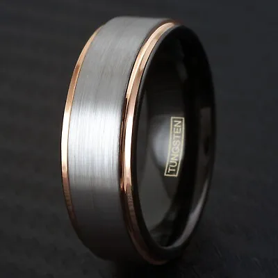 Tungsten Brushed Silver Stripe Gold Plated Gold Black Inside Wedding Band Ring • $13.99