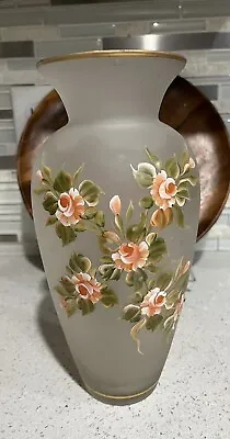 Vintage Frosted Satin Glass Vase Hand Painted Floral Victorian Style Gold Trim • $34.99