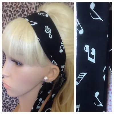 BLACK MUSIC NOTE COTTON FABRIC HEAD SCARF MUSICAL HAIR BAND SELF TIE BOW 50s 60s • £4.99