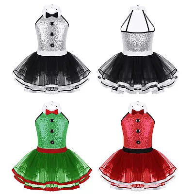 Girls Sequins Halter Skating Dance Leotard Dress Tutu Skirt Christmas Costume • £16.71