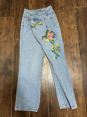 Vintage Z Cavaricci Jeans Women Size 12 Floral Embroidered Retro LightWash Denim • $44.99