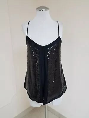 MADISON MARCUS Black Sequin W Silk Chiffon Pleated Womens Tank Top Sz XS - S • $44.99