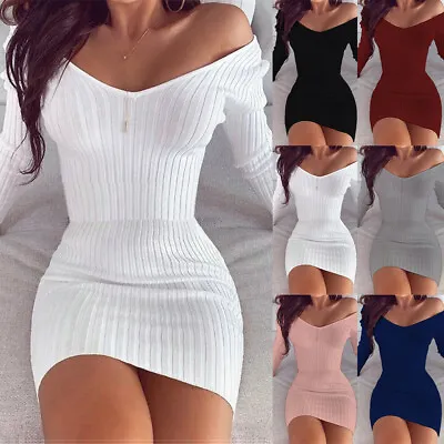 $22.89 • Buy Women Long Sleeve V-Neck Bodycon Wrap Dress Casual Slim Fit Jumper Mini Dress US