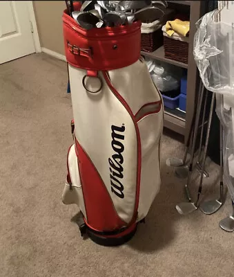 VINTAGE WILSON Faux LEATHER GOLF BAG RED BLACK AND WHITE • $60