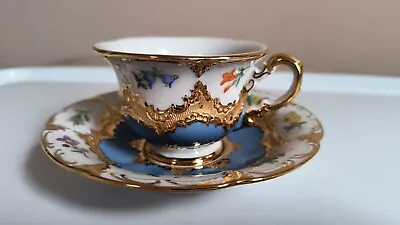 Vintage MEISSEN German Crafted Blue/Gold B-Form Mocha Cup With Saucer W/Flowers • $375