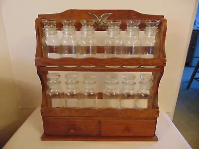 Vintage NOS Apothecary Glass Spice Jars & Wood Rack Original  12 Stickers Unused • $49.95