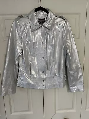 Woman’s Bradley By Bayou Metallic Silver Leather Jacket With Buckles Size Small • $64.99