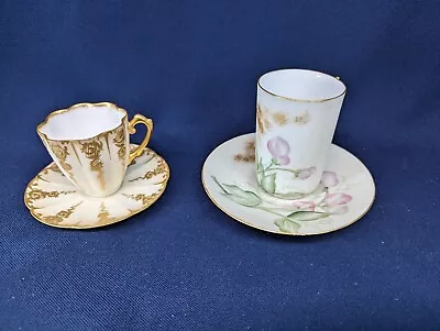 2 Vintage Limoges Hand Painted Gold Demitasse & Chocolate Cup & Saucer Sets EXC • $18.99