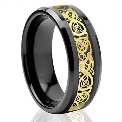Black Tungsten Carbide Gold Celtic Dragon Ring Mens Jewelry Wedding Band 8mm 6mm • $13.56