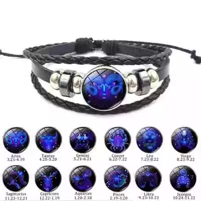 Men's Zodiac Adjustable Leather Bracelet Black Wristband Jewellery Gift • £5.99