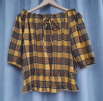 £3.45 • Buy Ladies Quiz Mustard Black Shirred Gypsy Puff Sleeve Bardot Top Blouse Size 12