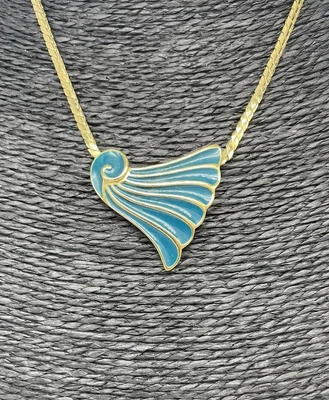 £19.95 • Buy Vintage TRIFARI Necklace | Gold With Teal Blue Enamel | Shell Wave Design