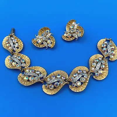 BSK Vintage 1960s Jewelry Set BRACELET Clip-on EARRINGS AB Rhinestones Goldtone • $54.77