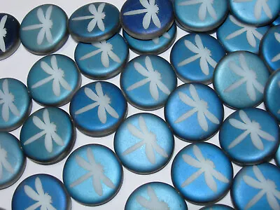 8 17mm Czech Glass Matte Dragonfly Coin Beads Blue On White • $9