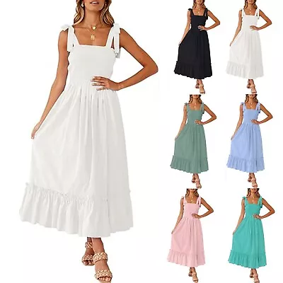 Women's Fashion Bohemian Straps Square Neck Ruffle A-Line Beach Long Dresses • £4.55