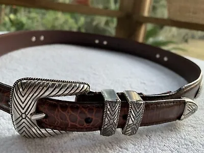 Roundtree & Yorke Mens 32 Concho Belt Brown Italian Leather Croc Silver Buckle • $26.99