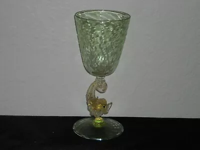 Salviati Murano Blown Glass Dolphin Stemmed Water Goblet   Green W/ Gold Flecks • $125