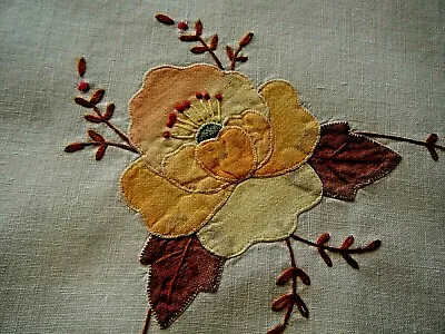$35.99 • Buy Old Vtg Madeira Tablecloth Linen Round Hand Applique &embroidery Yellow Roses  