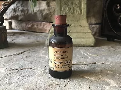 Antique Medicine Bottle With Paper Label And Cork Tincture Benzoin Dunkirk N.Y. • $650