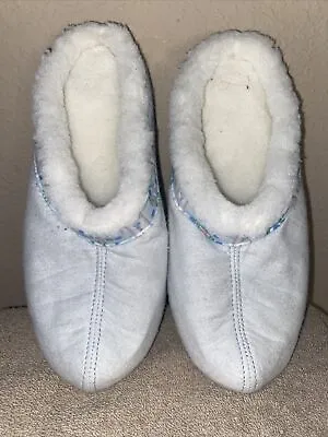 Vintage LL Bean Light Blue House Shoes Slippers White Faux Fur Lining M/L • $25