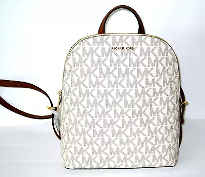 NWT Michael Kors Cindy Signature Large Backpack Bag Vanilla/Luggage NEW🎀 • £142.51