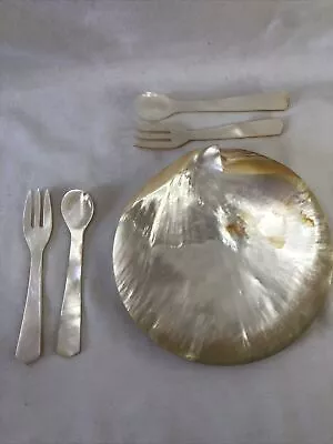 Vintage Hand Carved Mother Of Pearl 6  Plate & Silverware Fork Spoon 5pcs SHELL! • $49.95