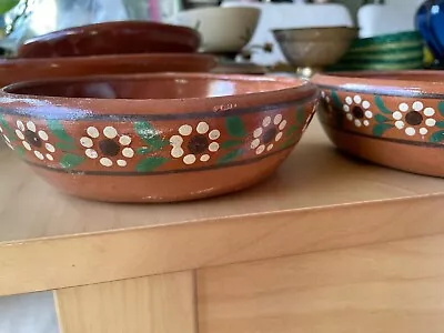 Set Of 2 Vintage Mexico Red Clay Hand Painted Round 7'' Bowls Tlaquepaque • $15.96