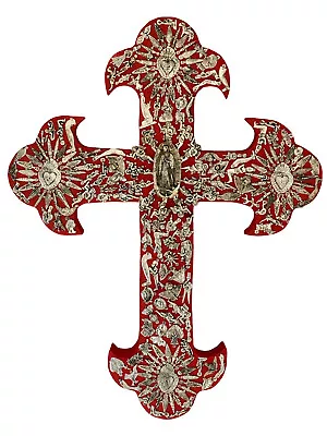 XLG Mexican MILAGROS CROSS Jumbo ExVotos Cross Virgin Guadalupe 21” Red • $118.80