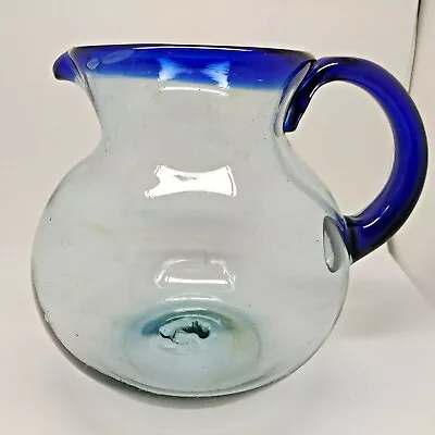 Mexican Hand Blown Glass Cobalt Blue Trim & Handle Pitcher 7 1/2” • $24.50