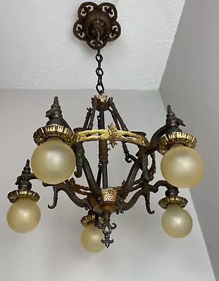 VINTAGE 1920'S Hammered Iron & Brass 5 Light SPANISH REVIVAL Chandelier • $425