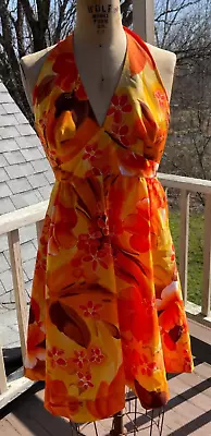 Vintage HUKILAU Fashions Halter Dress  XS Red Orange Floral Honolulu • $32.99