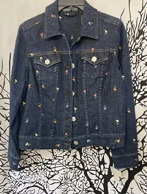 Liz Claiborne Cotton Blue Denim Jean Jacket Embroidery Floral Petite M • $47.85