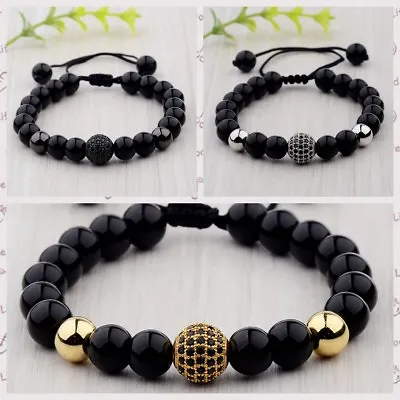 Luxury Hot Men Natural Black Lava Zircon Micro Pave CZ Beaded Macrame Bracelets • $2.21