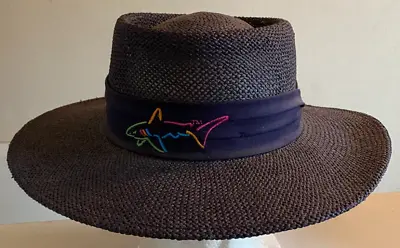 Vintage GREG NORMAN Navy STRAW HAT The Shark Band Adult One Size Golf Outdoor • $20.25