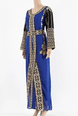 Moroccan Royal Blue Kaftan With Stonework And Embroidery SLM And XL • $34.80