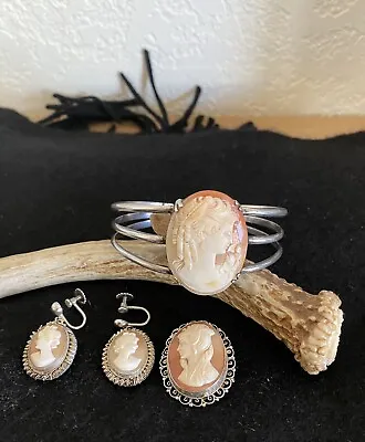 Vintage Italian Camexco Cameo Bangle Earrings & Brooch Set 800 & 825 Silver. • $75