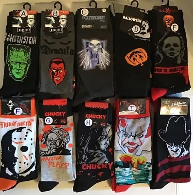 2 Pack CHOOSE Mens Horror Scary Movie Halloween Novelty Character Crew Socks • $10.79