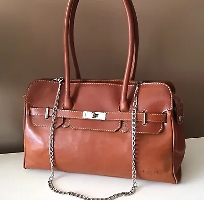 I MEDICI Italian Leather Purse Shoulder Bag Satchel Cognac Brown Silver Hardware • $89