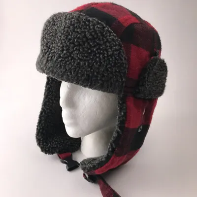 Faded Glory Buffalo Plaid Red Black Checkered Winter Trapper Hat • $16.27