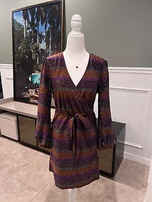 ModCloth Belted Purple & Orange Glitter Sparkle Striped Wrap Dress - Size Small • $22.99