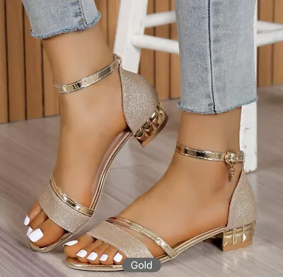 Womens Ladies Low Heel Wedding Bridal Silver Sandals Party Strappy Shoes Open • £7.86