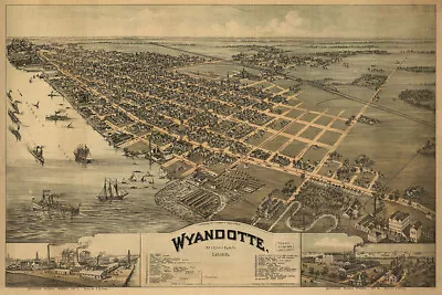 1896 Wyandotte Michigan Vintage Old Panoramic City Map Wall Art - POSTER 20 X30  • $23.99